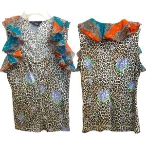 100% Silk Top‎ by Etcetera Leopard Print Floral Ruffle Sleeveless top blo…